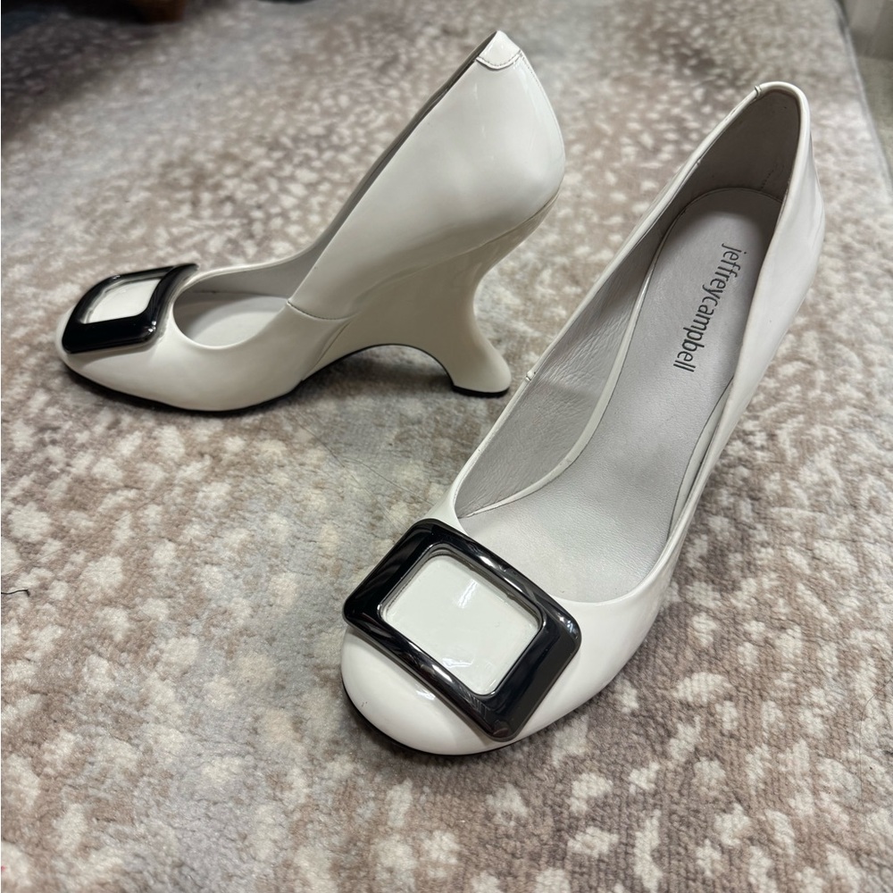 Jeffrey Campbell White Patent Square-Buckle Pumps